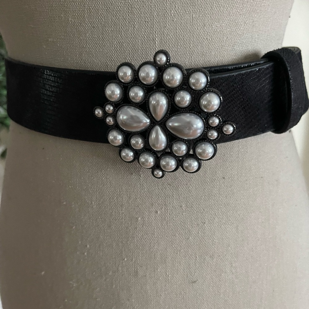 White House Black Market Black Belt with Pearl Beaded Buckle